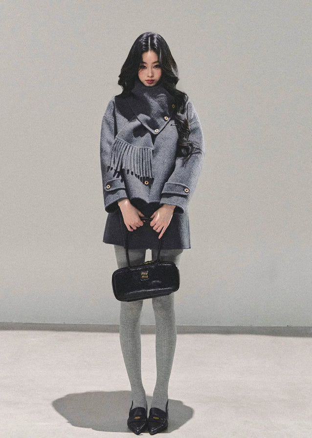 AOMALM coat set, reversible tweed coat, Korean winter outfit, tweed skirt set, winter two-piece suit, feminine Korean style, gray tweed jacket, winter mini skirt outfit, thick tweed coat women, luxury winter suit set, Korean fashion 2025, reversible winter jacket women, elegant winter outfit women, fringe scarf coat, wool blend short coat, autumn winter matching set, stylish tweed coordinates, A-line mini skirt winter, warm tweed jacket, trendy Korean outfit set.