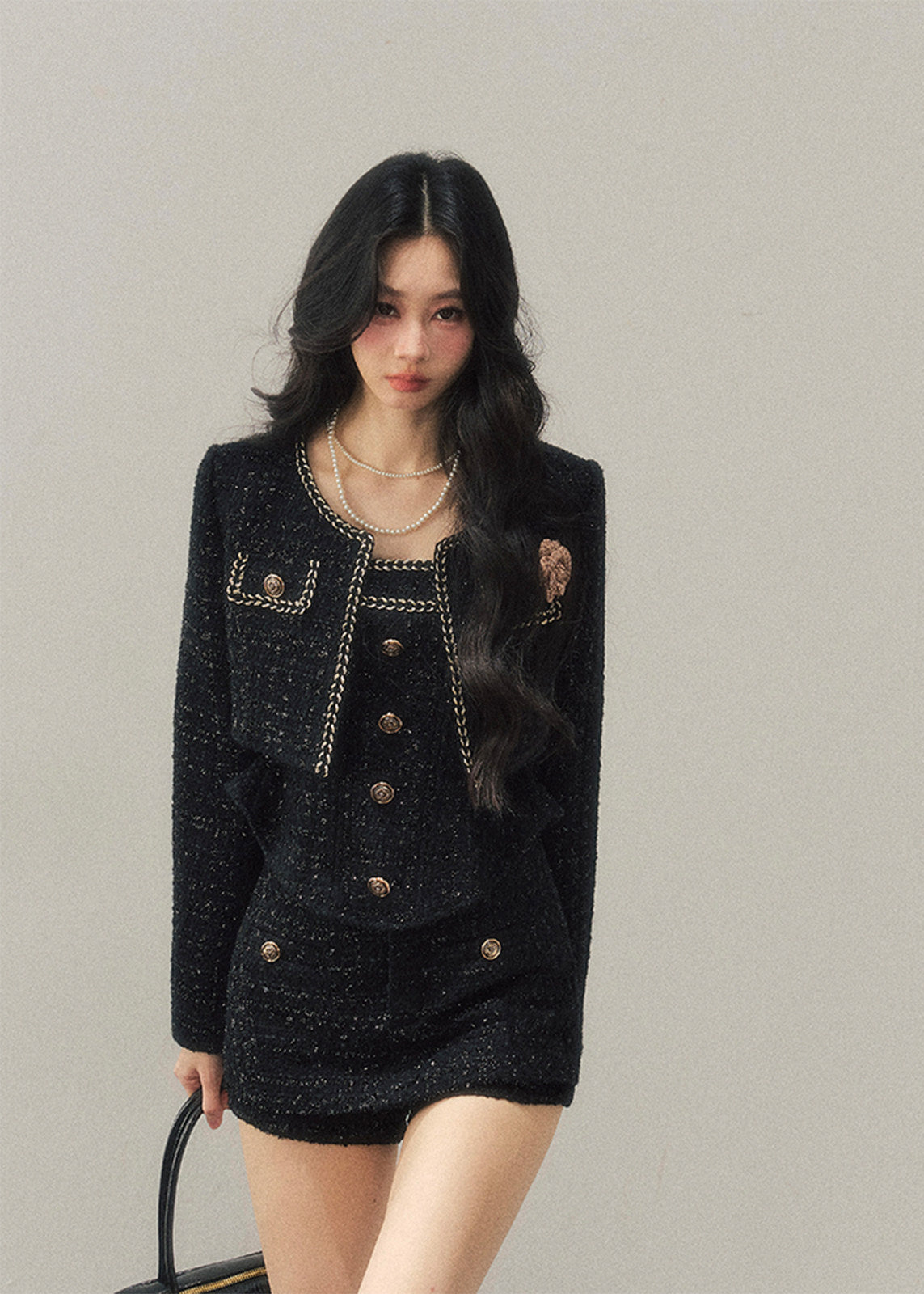 AOMALM, Korean feminine tweed set, winter three piece set women, French chic wool outfit, black tweed jacket skirt set, rich daughter style, elegant winter set, Korean fashion winter, feminine wool tweed, luxury winter outfit women, soft feminine aesthetic, classic black tweed, layered winter styling, boutique Korean brand, refined winter ensemble, slim silhouette winter set