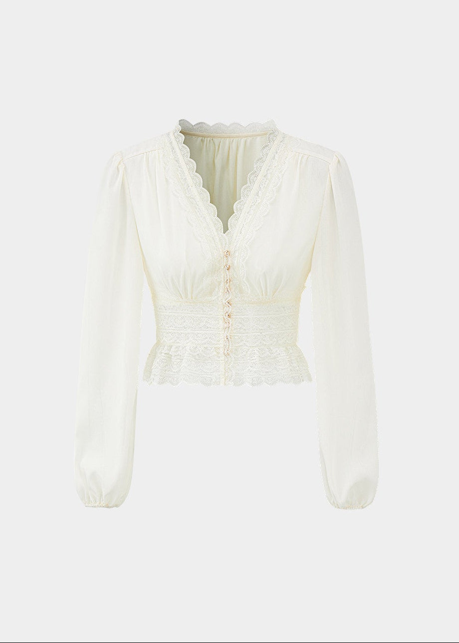 chiffon lace top, puff sleeve blouse, v neck summer top, Korean feminine top, French resort blouse, lace trim top, waist slimming blouse, cropped chiffon top, romantic summer blouse, beach vacation top, sunbathing style top, feminine Korean fashion, lightweight chiffon blouse, resort wear top, summer lace shirt