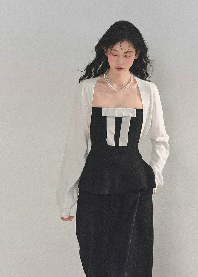 AOMALM top, French princess top, bow bustier vest, peplum vest top, knit bolero set, Korean feminine outfit, autumn winter top set, layered two-piece top, elegant ribbon top, princess style fashion, Korean winter fashion, peplum silhouette top, feminine streetwear, chic knit shawl, bow detail vest, trendy Korean tops, winter layering tops, romantic French outfit, stylish two-piece women, soft knit bolero, AOMALM new collection