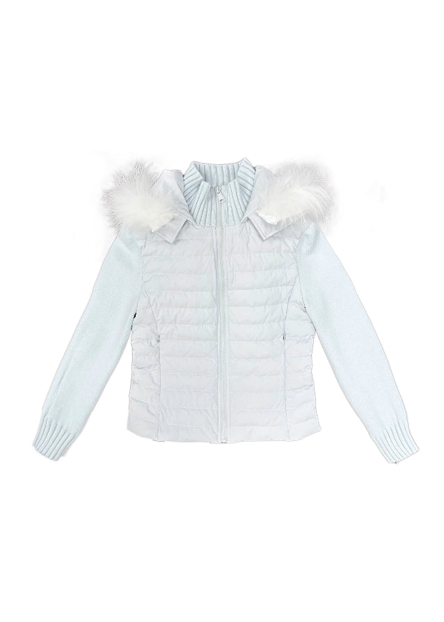 Fragileheart down jacket, fur collar puffer, luxury Korean fashion, winter short coat, quiet luxury outerwear, pastel blue jacket, hooded down coat, K-fashion 2025, elegant winter outfit, soft feminine outerwear, pastel noir aesthetic, warm winter style, sky blue puffer, modern luxury womenswear
