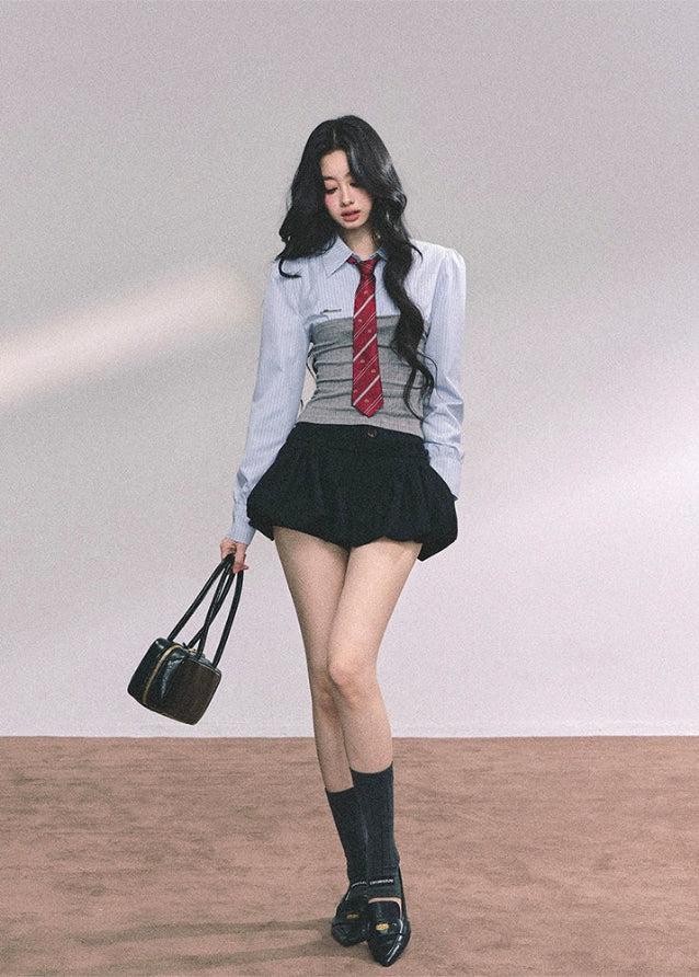 fake two piece college top, striped polo shirt women, knitted corset layer top, autumn preppy long sleeve, slimming academic shirt, fw25 school style top, american striped blouse, layered polo knit top, cinched waist striped shirt
