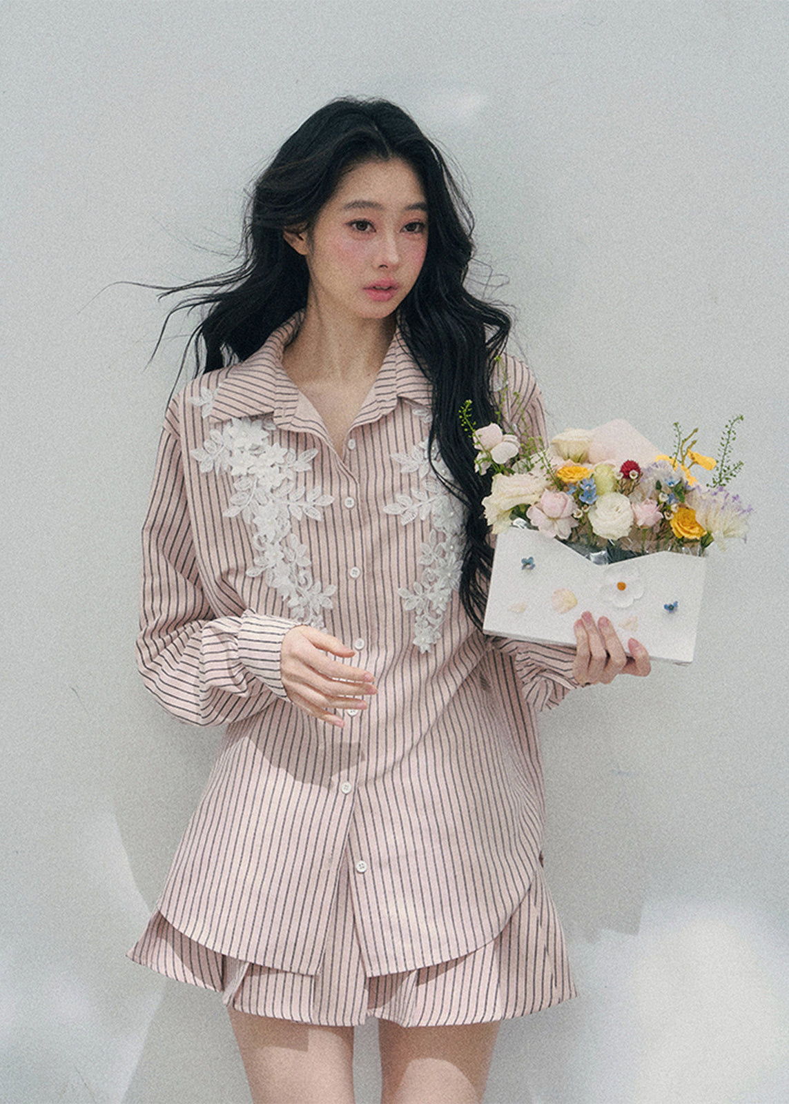 AOMALM striped lace shirt set, French romantic spring outfit, feminine lace stripe blouse women, Korean elegant two piece set, quiet luxury pink twinset, Parisian inspired lace shirt skirt, romantic Korean French aesthetic clothing, soft feminine spring ensemble, delicate lace striped blouse, elegant lightweight spring outfit women, refined luxury womenswear set, romantic pastel shirt skirt outfit, feminine Korean designer inspired clothing, lace detail striped shirt women, luxury spring twinset fashion