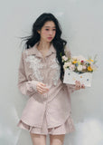 AOMALM striped lace shirt set, French romantic spring outfit, feminine lace stripe blouse women, Korean elegant two piece set, quiet luxury pink twinset, Parisian inspired lace shirt skirt, romantic Korean French aesthetic clothing, soft feminine spring ensemble, delicate lace striped blouse, elegant lightweight spring outfit women, refined luxury womenswear set, romantic pastel shirt skirt outfit, feminine Korean designer inspired clothing, lace detail striped shirt women, luxury spring twinset fashion