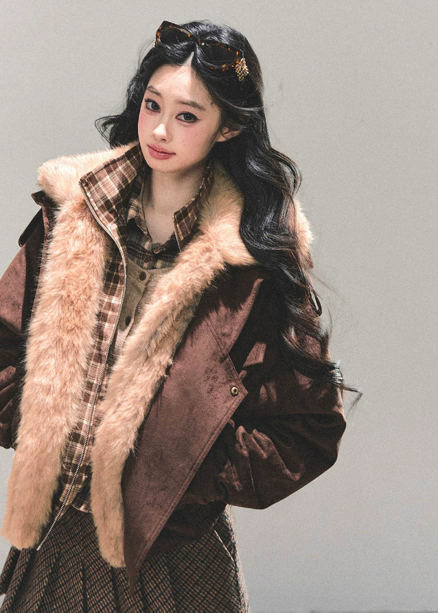 brown padded jacket women, faux two piece jacket, plaid layered coat, thickened winter jacket, american style cotton coat, fur trim autumn jacket, warm winter outerwear women, padded plaid jacket, korean vintage winter coat, fw25 fashion
