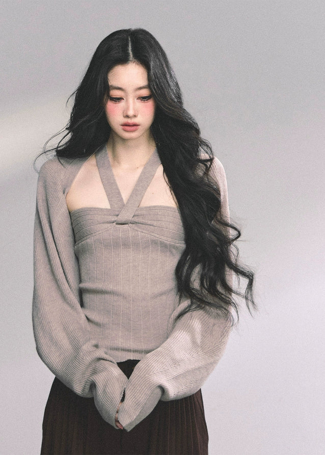 halter knit top set, two piece knit shawl, french style knit shirt, autumn halterneck knit, high end knitwear women, fw25 knit set, ribbed halter top women, layered knit long sleeve, elegant knit two piece outfit
