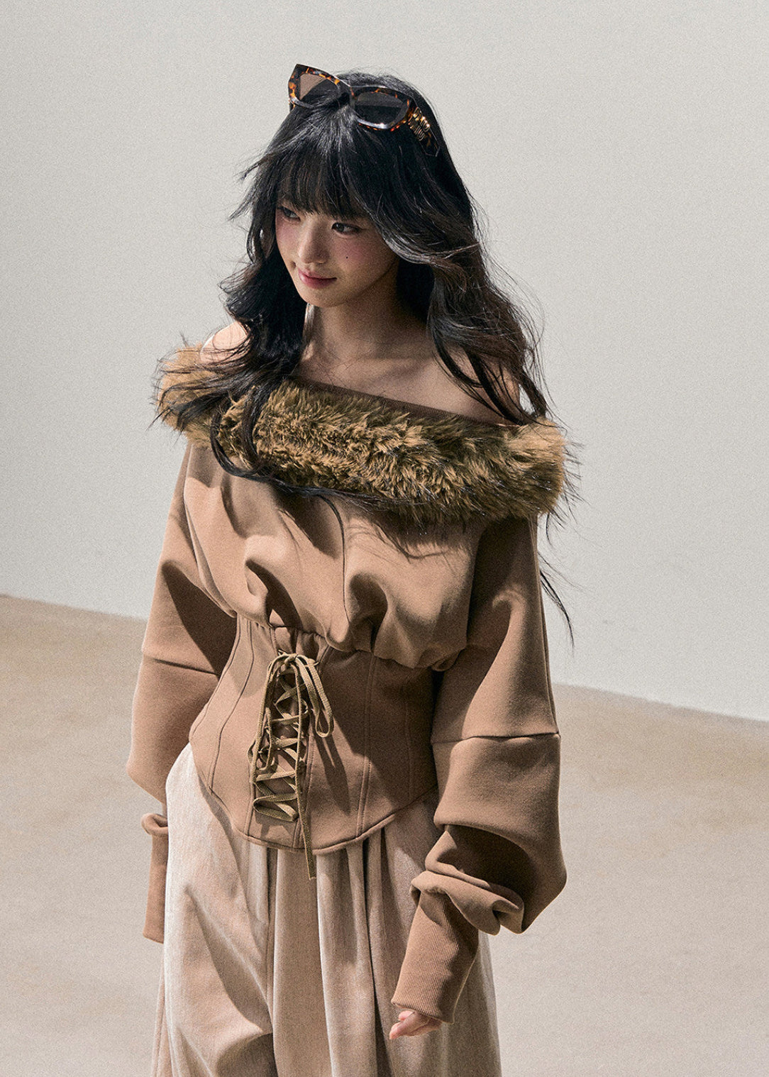 Korean feminine top, off shoulder knit top, winter plush top, fur trim sweater, waist slimming top, soft Korean style, women winter top, French inspired knitwear, cozy feminine top, elegant winter outfit, AOMALM top, faux fur trim shirt, romantic winter fashion, slim fit knit top, Korean aesthetic clothing, winter date outfit, soft girl style top, feminine corset top