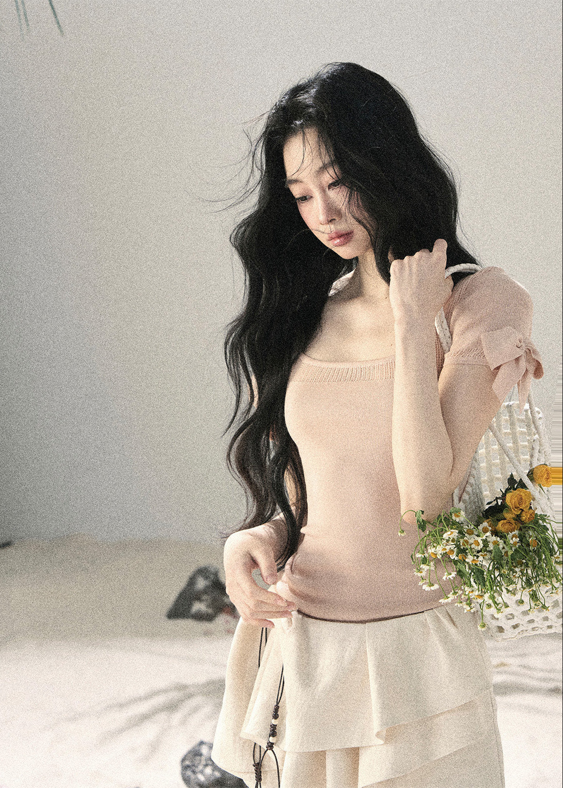 aomalm top, off shoulder knit top, square neck summer top, ribbon sleeve top, feminine korean top, waist cinching top, lyocell slim top, blush pink summer top, spicy girl top, elegant fitted t shirt