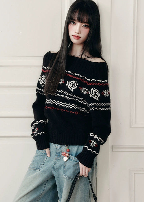 Fragileheart knit sweater, off-shoulder Fair Isle top, rose jacquard knitwear, luxury Korean fashion, Parisian romantic sweater, quiet luxury winter style, pastel noir aesthetic, elegant black knit top, K-fashion 2025, feminine winter outfit, cozy off-shoulder pullover, soft romantic fashion, vintage rose sweater, delicate feminine knit
