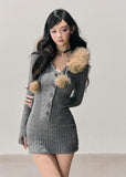 AOMALM sweater dress, French knit dress, winter mini dress, faux fur collar dress, fitted knit dress, warm winter dress, feminine winter outfit, soft knit mini dress, Korean fashion dress, romantic sweater dress, slimming knit dress, cozy winter dress, button-down sweater dress, winter date outfit, stylish knitwear women