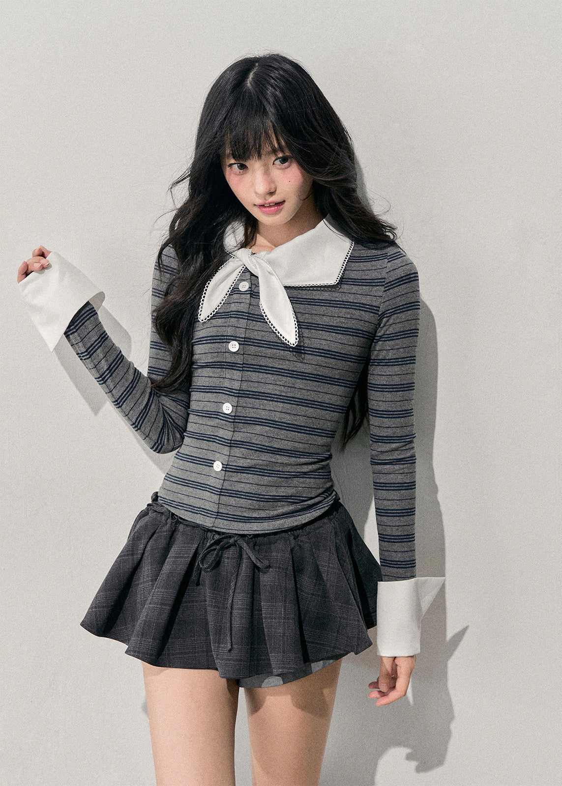 AOMALM knit top, korean striped top, fake two piece knit, layered stripe long sleeve, feminine korean style top, slim fit knit tee, autumn winter knitwear, soft girl fashion top, striped long sleeve women, korean aesthetic clothing, elegant casual knit, ribbon collar knit top, winter layering top women, slim korean top, soft feminine outfit, trendy korean knitwear