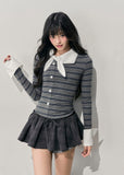 AOMALM knit top, korean striped top, fake two piece knit, layered stripe long sleeve, feminine korean style top, slim fit knit tee, autumn winter knitwear, soft girl fashion top, striped long sleeve women, korean aesthetic clothing, elegant casual knit, ribbon collar knit top, winter layering top women, slim korean top, soft feminine outfit, trendy korean knitwear