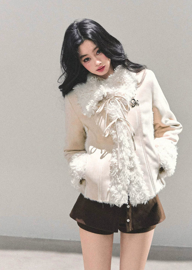 french fur jacket women, ivory plush winter coat, integrated fur cotton coat, warm winter padding jacket, soft girl winter outerwear, shearling style coat women, fw25 warm plush jacket, korean winter coat, cold protection jacket women

