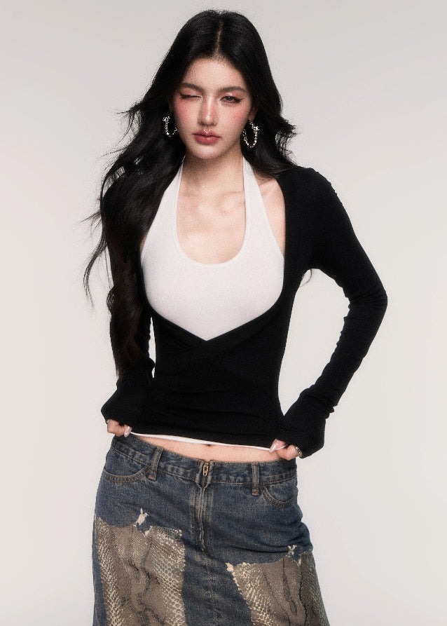 LuluSwings halter top, layered two-piece top, halterneck long sleeve shirt, Korean stylish hot girl top, modern wrap style top, city girl slim long sleeve, sexy clean halter tee, tank and sleeve set top, sleek fitted Korean top, AW stylish layering top, trendy halter layering piece, contour fit halter shirt