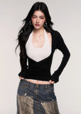 LuluSwings halter top, layered two-piece top, halterneck long sleeve shirt, Korean stylish hot girl top, modern wrap style top, city girl slim long sleeve, sexy clean halter tee, tank and sleeve set top, sleek fitted Korean top, AW stylish layering top, trendy halter layering piece, contour fit halter shirt