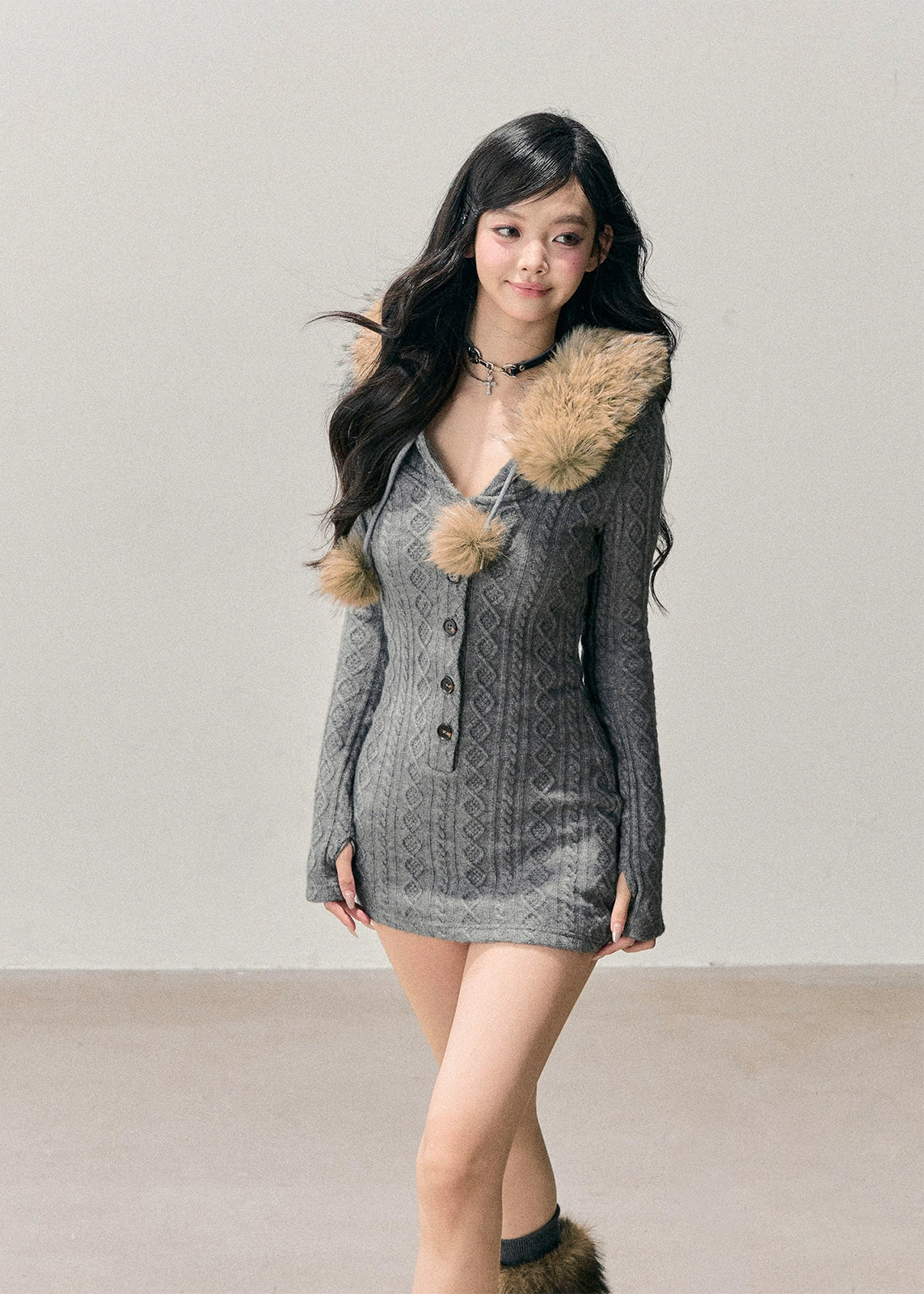 AOMALM sweater dress, French knit dress, winter mini dress, faux fur collar dress, fitted knit dress, warm winter dress, feminine winter outfit, soft knit mini dress, Korean fashion dress, romantic sweater dress, slimming knit dress, cozy winter dress, button-down sweater dress, winter date outfit, stylish knitwear women