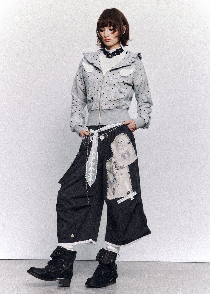 wide leg cropped pants women, patchwork pants women, distressed trousers women, grunge outfit women, edgy outfit women, street style pants, punk style clothing, y2k edgy outfit, alternative fashion women, deconstructed pants, raw edge trousers, urban streetwear women, lace panel pants, statement pants women, loose fit trousers women, rebellious fashion outfit, underground fashion women, utility style pants, mixed fabric pants, edgy streetwear women