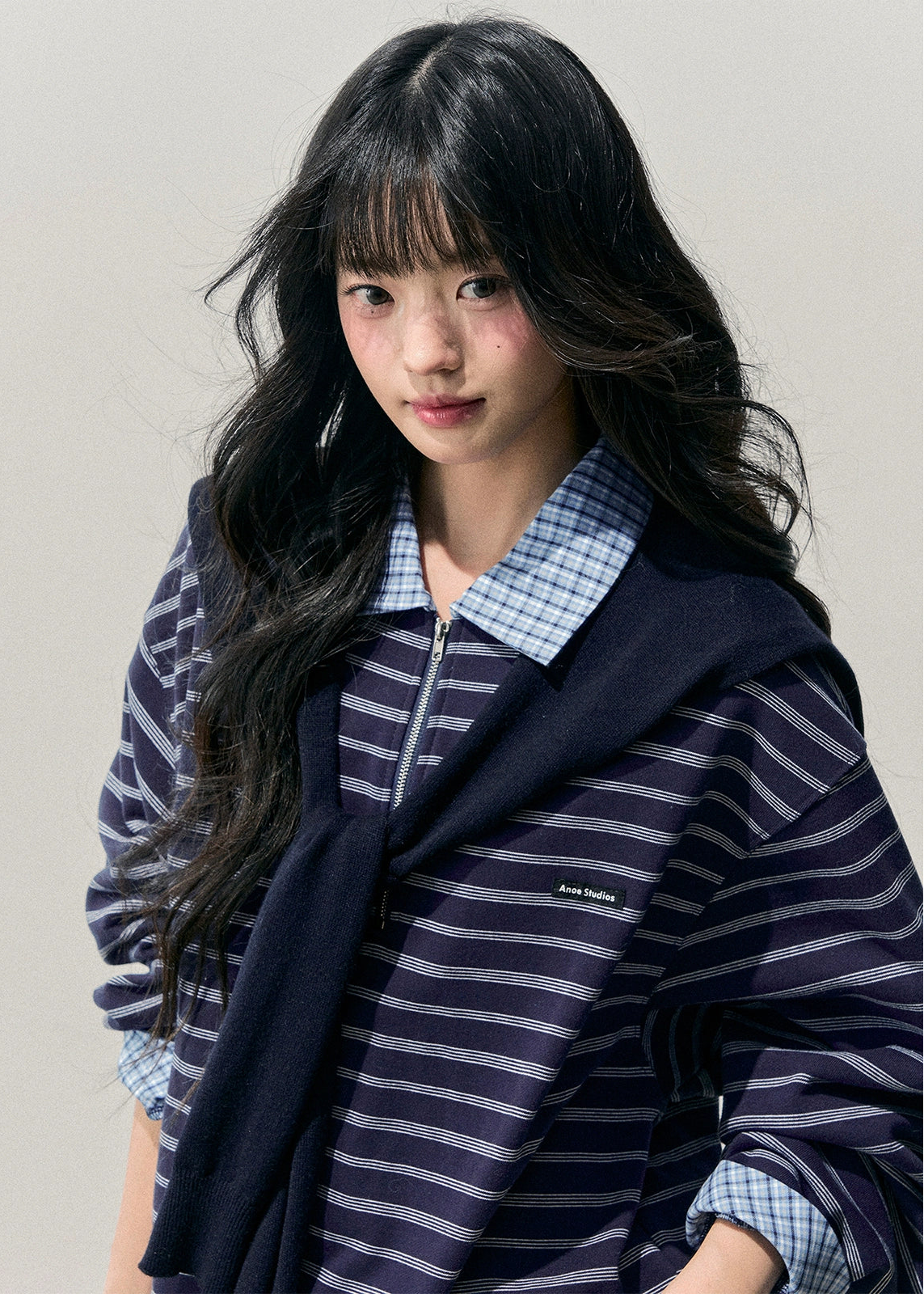 fake two top, layered polo knit, striped long sleeve top, AOMALM top, Korean fashion knit, winter striped polo, preppy layered shirt, women’s fake two sweater, soft knit pullover, autumn winter tops, Korean aesthetic outfit, American striped tee, polo collar knit, layered look sweater, casual winter knit top, streetwear Korean top, feminine preppy clothing, blue striped knit, layered illusion top