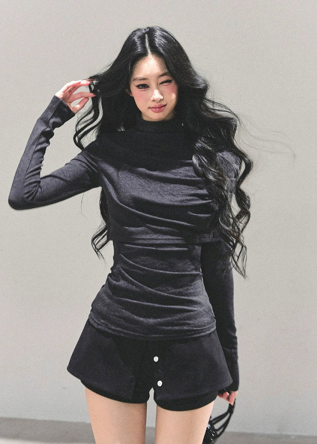 semi turtleneck top, Korean style knit top, slim fit long sleeve shirt, autumn winter base layer, women’s fitted turtleneck, AOMALM top, hot girl style top, gray slim top, stretchy knit shirt, Korean fashion 2025, feminine style top, sleek silhouette shirt, chic winter tops, layering knit top, soft turtleneck tee, body shaping knit shirt, casual elegant top, warm winter knitwear, stylish women’s tops, minimal Korean fashion