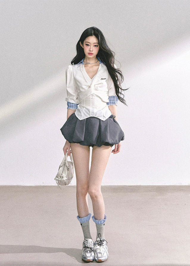 slimming v neck blouse, waist cinch shirt women, fake two piece shirt, french style blouse, korean streetwear top, professional commuter top, fitted summer blouse, elegant v neck shirt, sculpted waist shirt, kpop trainee style top, trendy women’s fashion top, tailored slim fit blouse, chic office top women, korean american fashion
