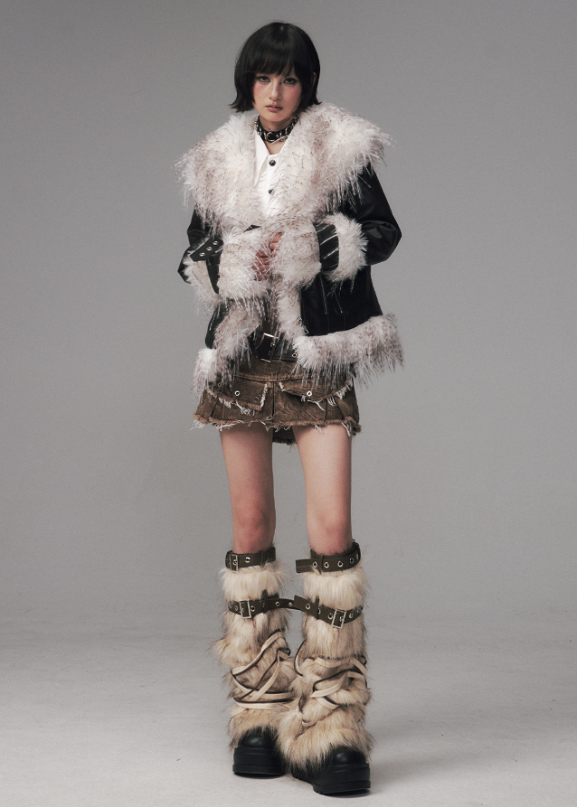 Frustration Garden coat, edgy fur collar jacket, grunge winter coat, punk faux fur jacket, shaggy collar coat, retro rub dye jacket, short padded winter coat, alternative fashion outerwear, goth streetwear coat, distressed fur trim jacket women