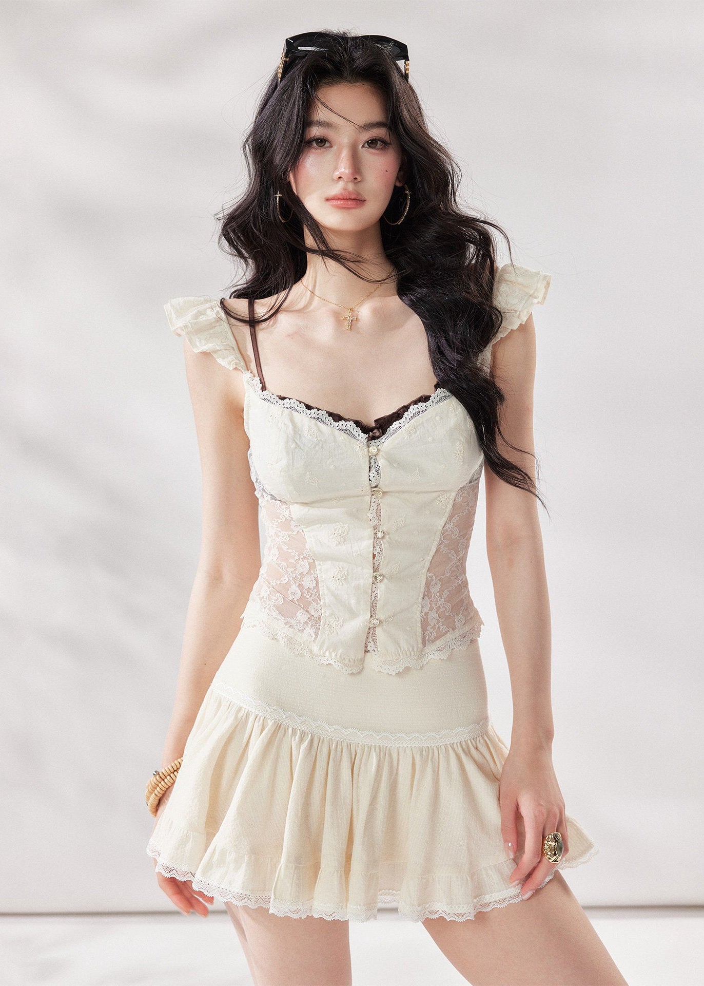 ivory lace top women, lace v neck blouse, french style top women, summer lace top, slim lace shirt women, romantic summer outfit, white lace blouse women, vintage lace top, elegant casual outfit women, feminine summer top, stylish lace blouse, elevated summer outfit, chic women top, korean french fashion, refined feminine outfit