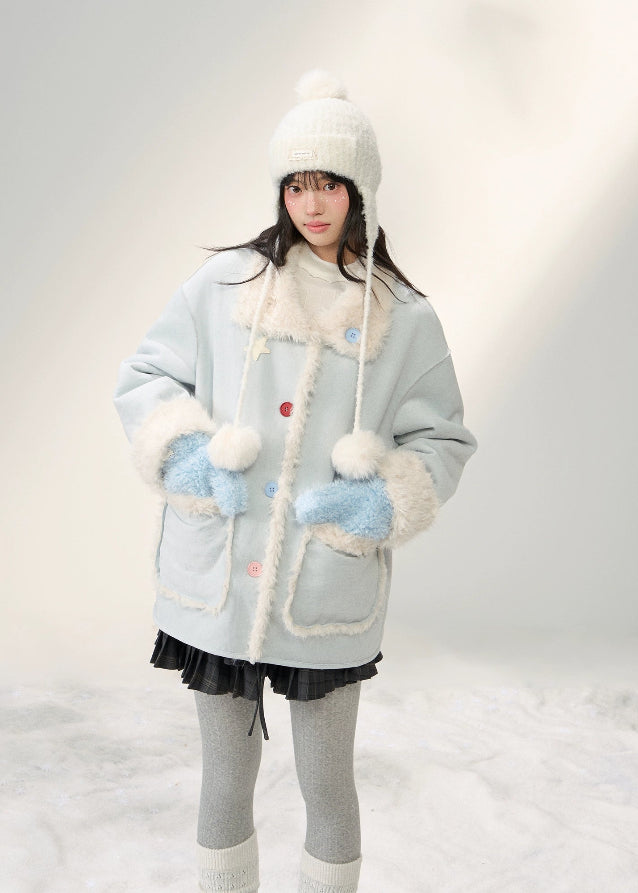 sweet suede patchwork coat, fluffy panel lapel jacket, colorful buckle coat, Korean girly outerwear, AW suede lapel coat, umoumo aesthetic coat, mid-length soft jacket, feminine winter coat, suede and fluff patchwork, cute Korean winter fashion, pastel soft outerwear, warm winter lapel coat, trendy patchwork jacket, Fragileheart soft mood, cozy girly mid-length coat, Korean cute daily outerwear, suede winter jacket girl