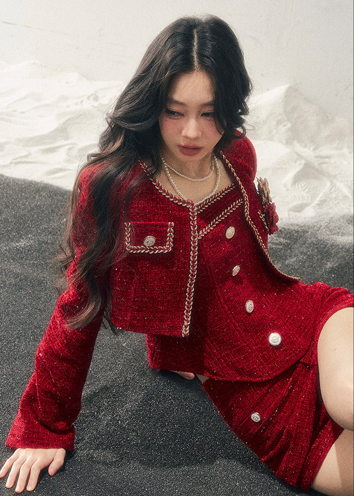 AOMALM, Korean feminine tweed set, winter three piece set women, French chic wool outfit, black tweed jacket skirt set, rich daughter style, elegant winter set, Korean fashion winter, feminine wool tweed, luxury winter outfit women, soft feminine aesthetic, classic black tweed, layered winter styling, boutique Korean brand, refined winter ensemble, slim silhouette winter set