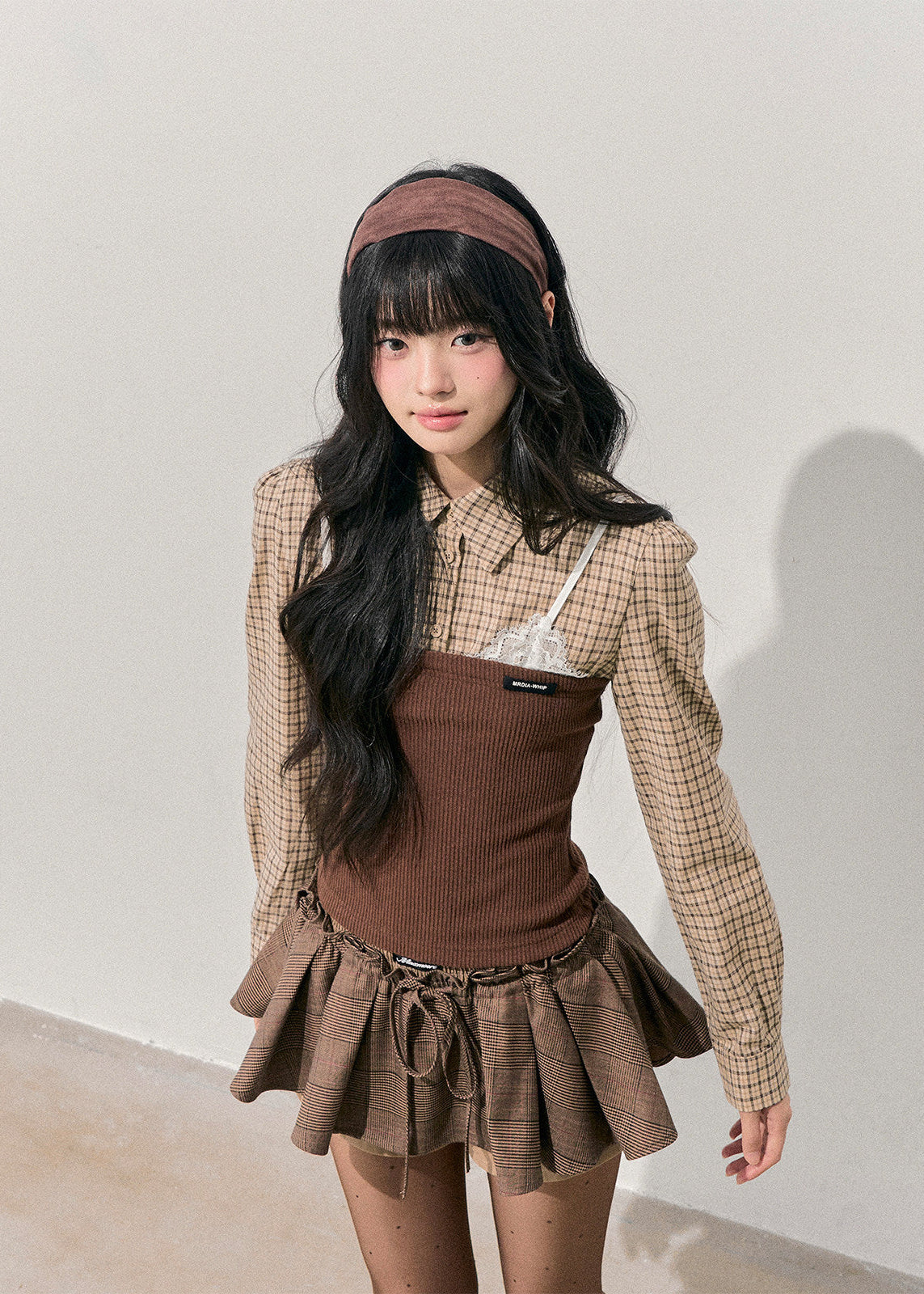 AOMALM knit top, Korean feminine top, plaid knit shirt women, fake layered top, autumn winter knitwear, Korean style long sleeve top, slimming knit blouse, soft feminine fashion, winter plaid top women, aesthetic Korean clothing, layered look knit top, slim fit winter top, cozy knit women, cute Korean outfit, everyday winter top