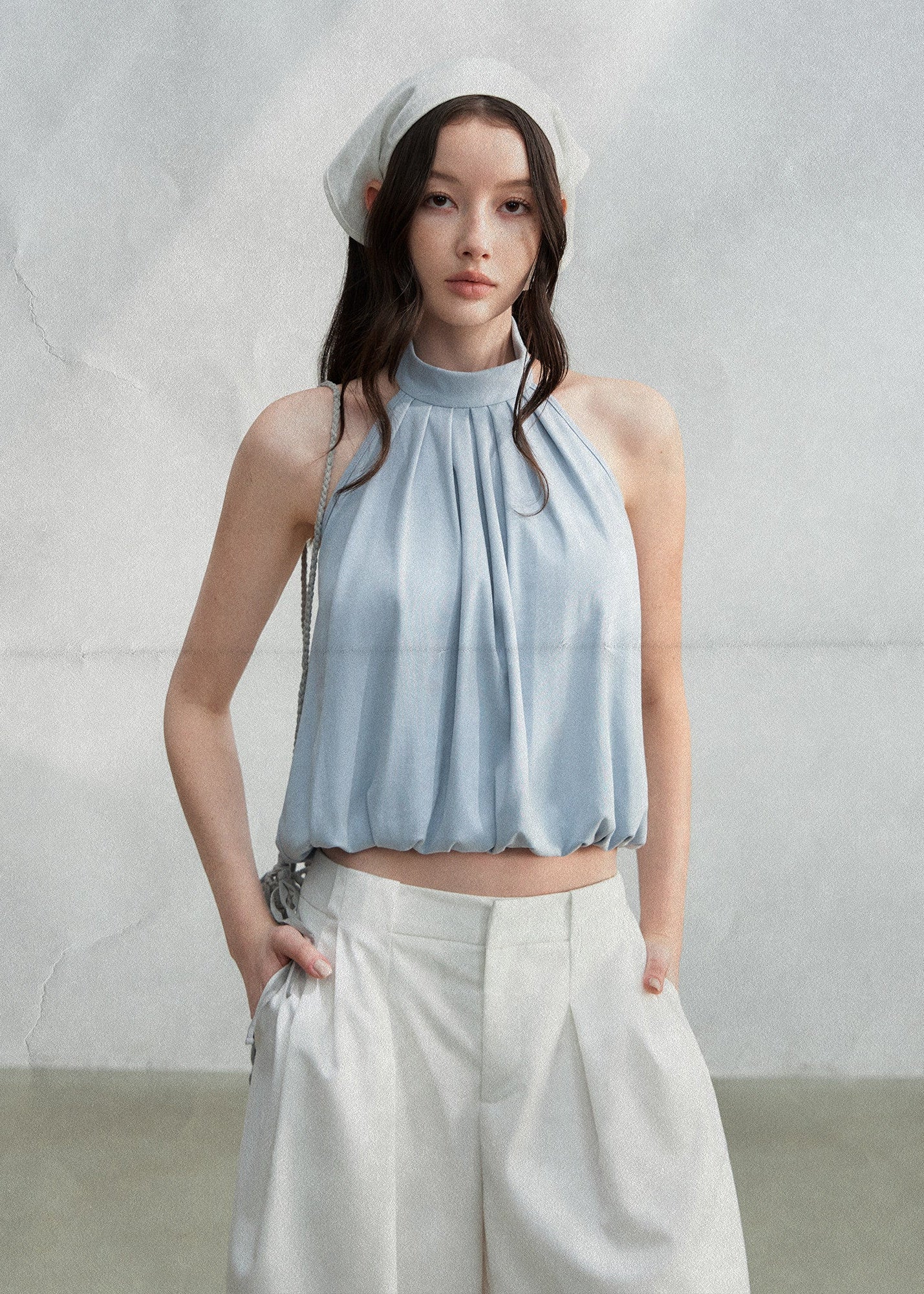 halter tank top, high neck tank top, open back top, sleeveless summer top, Korean feminine top, French minimalist top, mint green tank top, pleated halter top, cotton spandex top, bubble hem top, minimalist summer blouse, feminine Korean fashion, resort tank top, casual elegant top, open back halter top