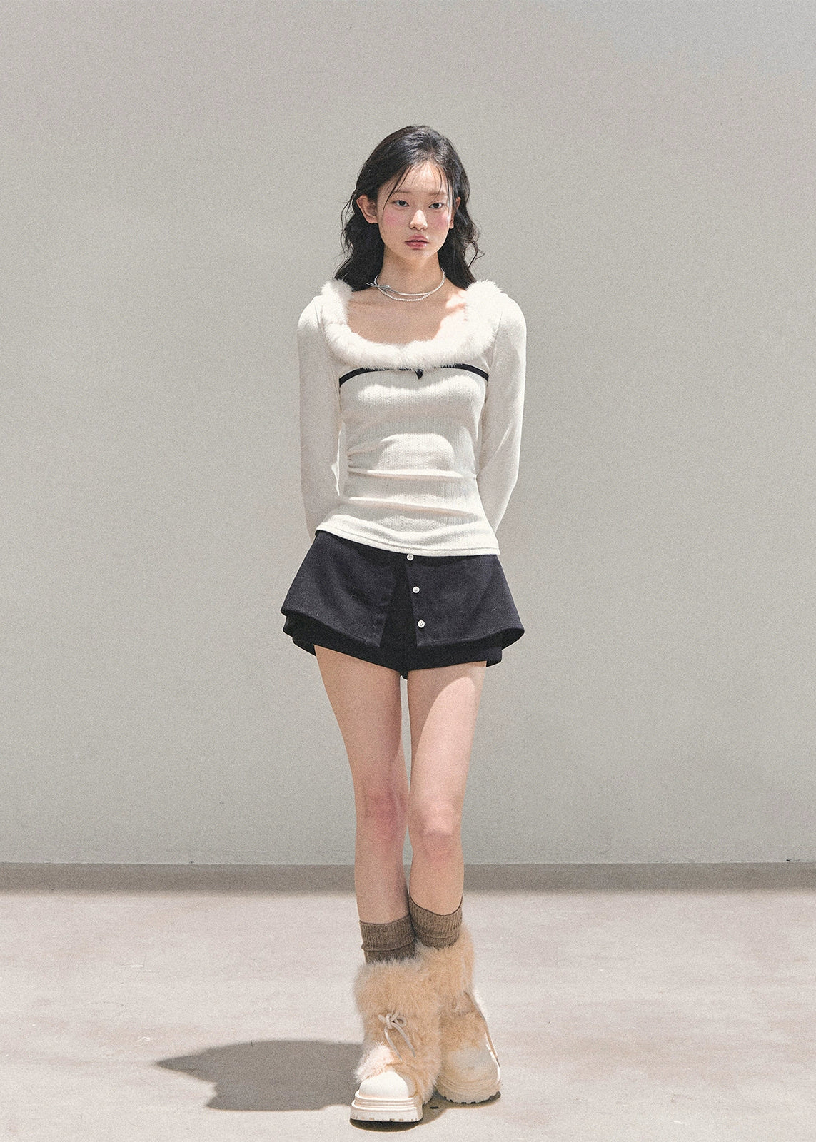 Korean knit top, winter fuzzy trim sweater, faux fur neckline top, soft girl aesthetic clothing, warm winter knitwear, elegant feminine top, scoop neck fur sweater, AOMALM winter collection, soft knit base layer, cozy Korean fashion, romantic winter outfit, long sleeve fur trim shirt, warm cute sweater womens, holiday knit top, Korean winter style 2025, soft touch knitwear, winter layering tops, white fuzzy sweater womens.
