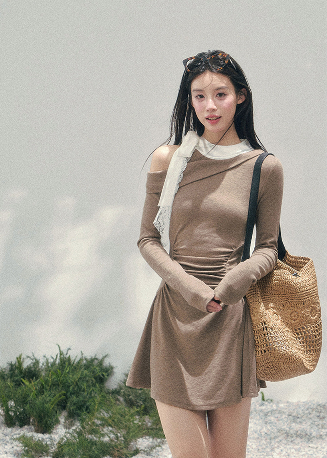AOMALM off shoulder mini dress, French romantic spring dress, feminine ruched knit dress, Korean elegant mini dress women, quiet luxury romantic outfit, lace detail off shoulder dress, Parisian inspired mini dress, refined feminine silhouette dress, spring lightweight knit dress women, romantic Korean French aesthetic clothing, elegant waist shaping mini dress, soft luxury womenswear dress, poetic romantic spring fashion, asymmetric shoulder mini dress, delicate feminine evening mini dress