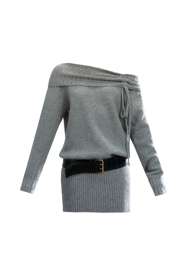 Fragileheart knit dress, off-shoulder wool dress, luxury Korean fashion, quiet luxury womenswear, grey sweater dress, pastel noir aesthetic, autumn knit outfit, elegant minimalist style, K-fashion 2025, refined feminine silhouette, soft draped neckline dress, cozy chic outfit, modern Korean fashion, sophisticated knitwear dress
