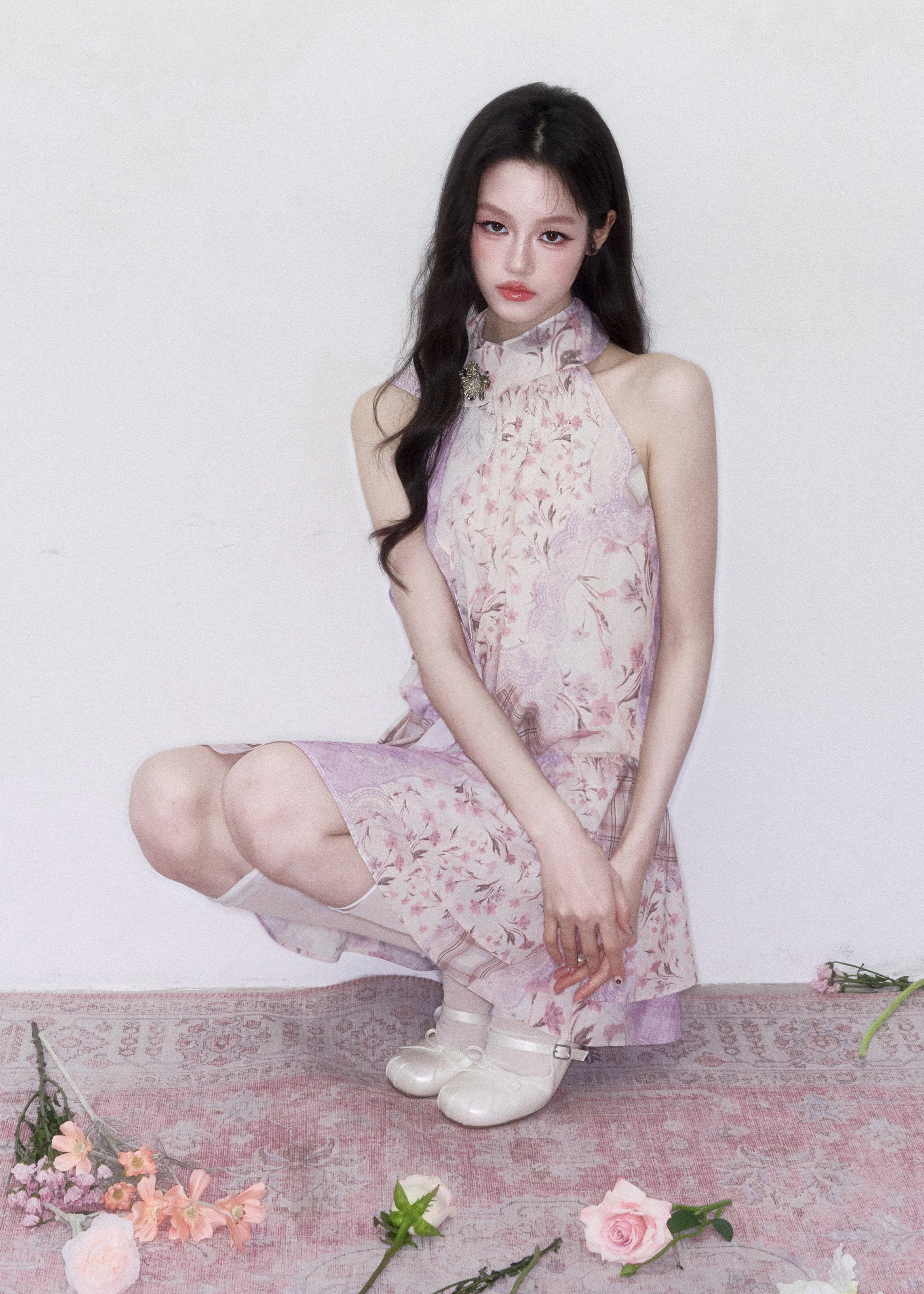 fragileheart dress, floral halterneck dress, pink floral mini dress, korean feminine dress, romantic summer dress, vintage floral dress, scarf neck mini dress, lilac floral dress, soft girl summer dress, feminine date dress, floral korean fashion, halterneck short dress
