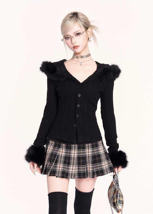 y2k fur collar knit top,
detachable fur hood sweater,
VOCK slim knit cardigan,
millennium style knit jacket,
faux fur trim twist sweater,
y2k girl aesthetic top,
hooded fur knit cardigan,
edgy korean style knit top,
plaid skirt outfit top,
cute winter knitwear women,