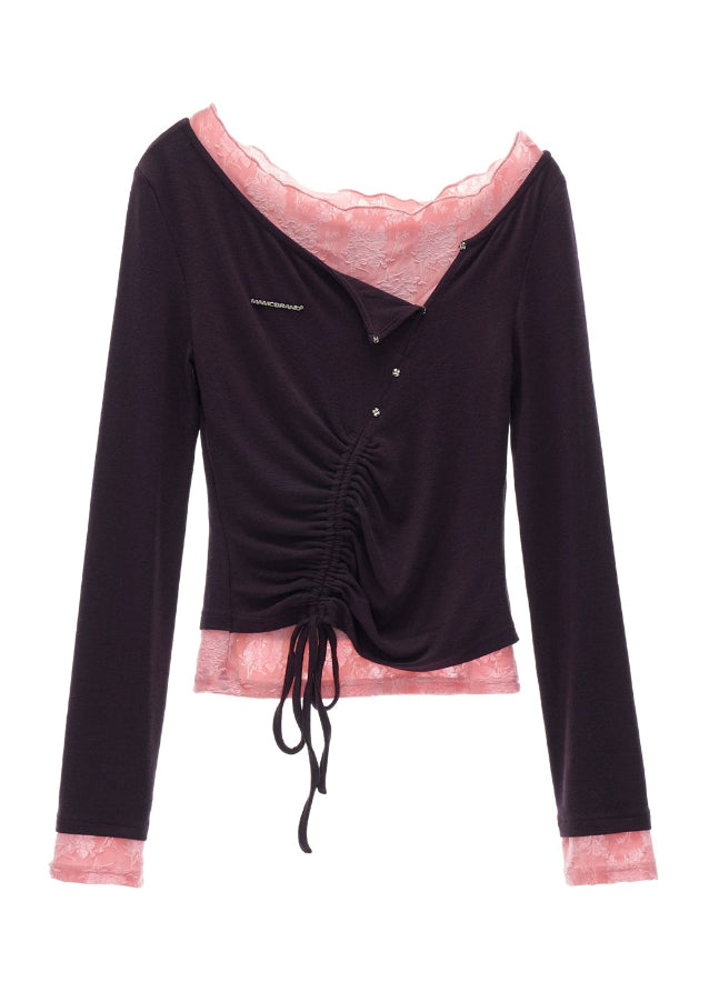 one shoulder lace top, lace shirring long sleeve shirt women, slim fit fall top 2025, asymmetric lace tee womens, street femme fashion top, korean slim inner top, fall layering shirt women, elegant lace one shoulder shirt, nowa tokyo womens fashion
