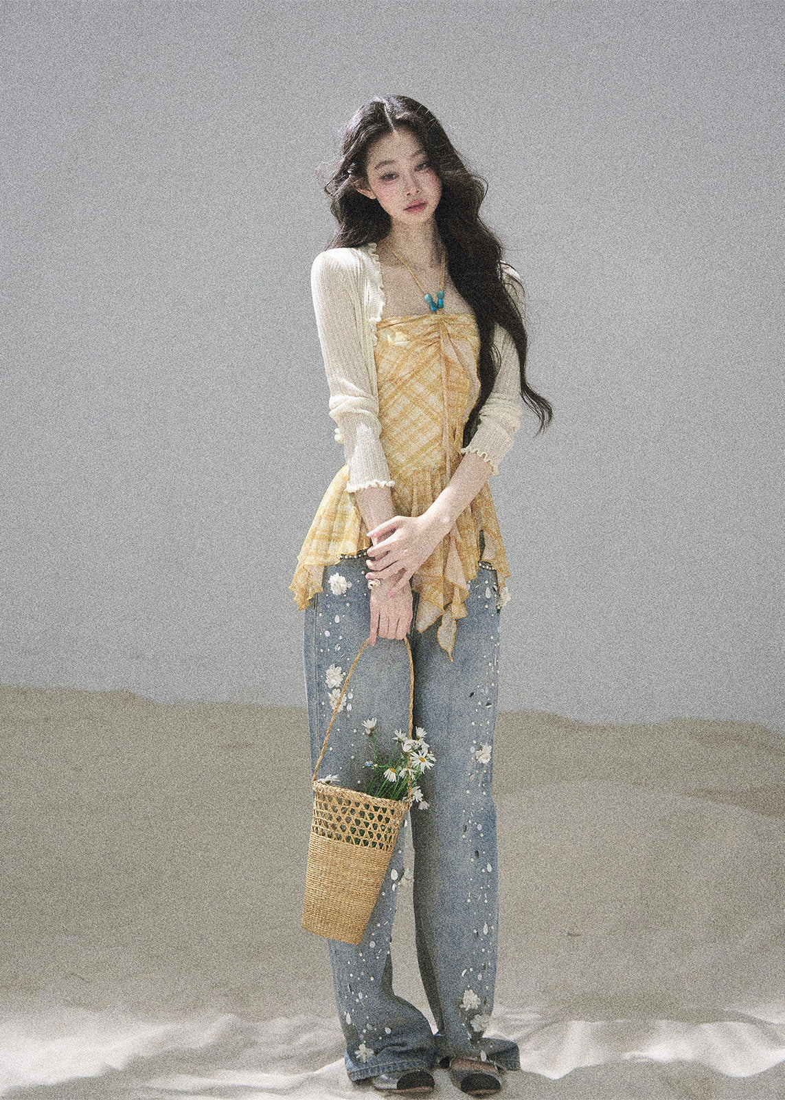 Women’s golden gingham cami top with flowing ruffle details