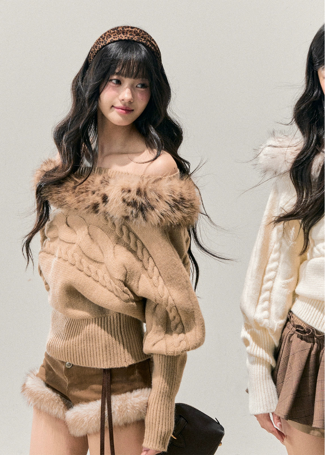 tea fragrance sweater, mohair off shoulder sweater, AOMALM winter top, French mohair knit, winter twist sweater, fluffy neckline sweater, faux fur trim knit, feminine winter outfit, asymmetrical knit top, Korean winter style, warm mohair sweater, off shoulder winter top, cozy feminine knitwear, soft mohair pullover, chic winter sweater, trendy Korean fashion top, elegant winter knit, women’s mohair blouse, romantic off shoulder sweater