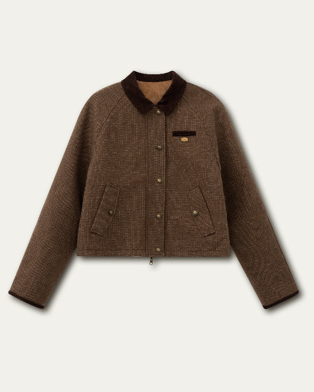 SunsetPark two-piece set, houndstooth jacket and skirt, reversible winter jacket, vintage college outfit, girly pleated skirt set, Korean preppy fashion, warm autumn outfit women, retro plaid set, soft cozy Korean style, houndstooth pleated skirt, reversible campus jacket, cute winter matching set, feminine vintage style clothing