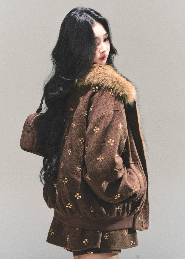 Whisper of Snowfall set, Maillard wool suit, Korean winter outfit, two-piece wool set, faux fur collar jacket, winter skirt set, AOMALM wool outfit, embroidered wool jacket, warm winter coordinates, Korean fashion winter set, cozy jacket and skirt set, feminine winter outfit, stylish wool two-piece, warm Maillard tone outfit, luxury winter clothing, cute winter suit women, Korean style jacket skirt set, soft wool winter wear, brown wool skirt set, fluffy collar winter jacket.