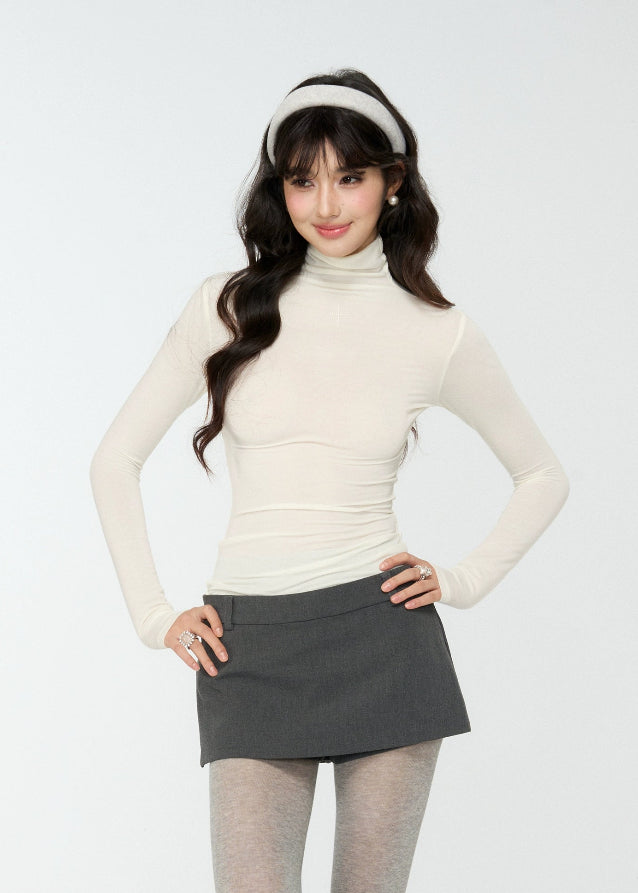 4muggle, lyocell wool turtleneck, slim fit high neck top, thermal base layer, women’s winter knit top, brown turtleneck shirt, supermodel silhouette top, stretchy soft knit, Korean style top, autumn winter layering, hot diamond detail top, second skin fit, chic stylish basics, warm long sleeve top