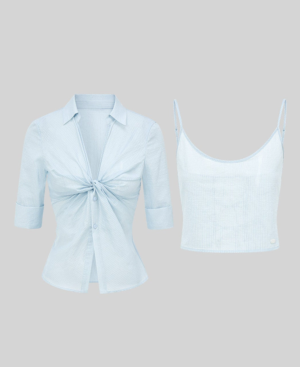 sheer shirt set, camisole shirt set, Korean feminine top, French sheer top, white layered top, striped sheer blouse, two piece summer top, collared sheer shirt, camisole strap top, pure desire top, feminine Korean fashion, lightweight cotton blend top, summer layering blouse, soft white blouse set, vacation outfit top