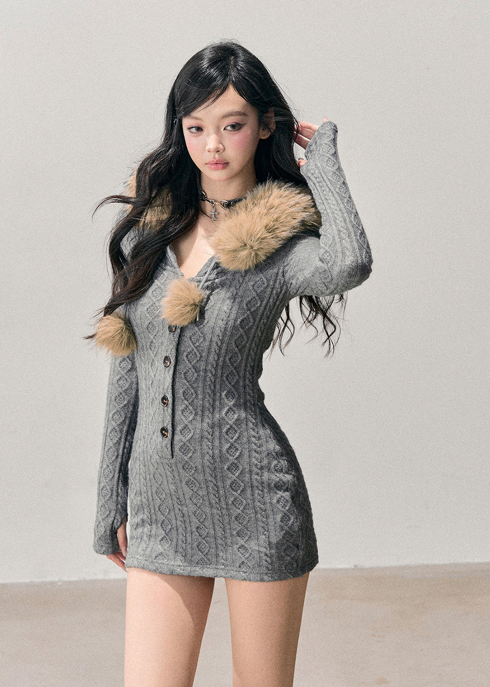 AOMALM sweater dress, French knit dress, winter mini dress, faux fur collar dress, fitted knit dress, warm winter dress, feminine winter outfit, soft knit mini dress, Korean fashion dress, romantic sweater dress, slimming knit dress, cozy winter dress, button-down sweater dress, winter date outfit, stylish knitwear women
