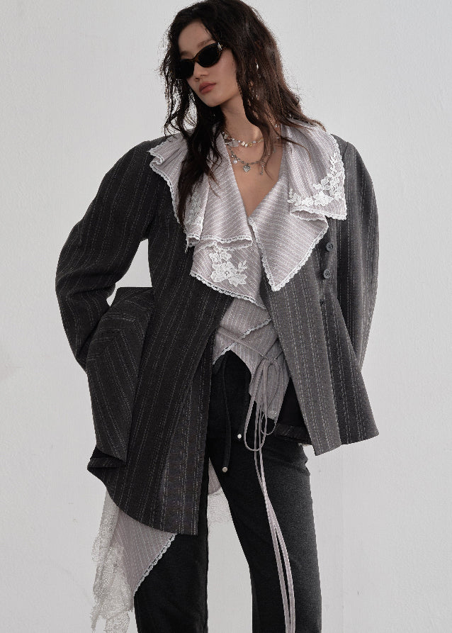 JNYLON asymmetric gray blazer women, Korean stylish tailored jacket, modern Korean fashion blazer, chic striped silhouette blazer, trendy Korean street chic outerwear, oversized gray blazer Korean style, urban fashion layering jacket women, stylish asymmetric tailored coat, minimalist Korean fashion blazer women, contemporary Korean blazer outfit