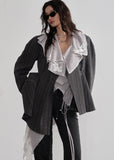 JNYLON asymmetric gray blazer women, Korean stylish tailored jacket, modern Korean fashion blazer, chic striped silhouette blazer, trendy Korean street chic outerwear, oversized gray blazer Korean style, urban fashion layering jacket women, stylish asymmetric tailored coat, minimalist Korean fashion blazer women, contemporary Korean blazer outfit