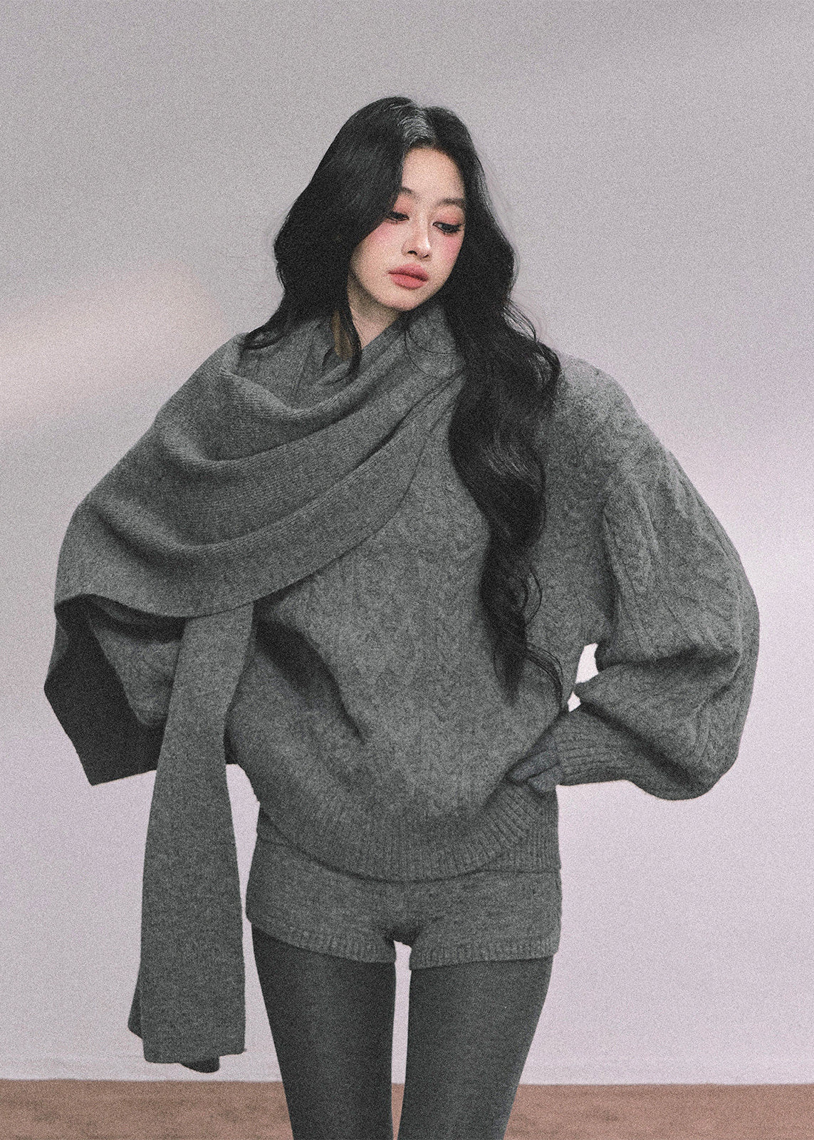 AOMALM knit set, Korean sweater set women, winter knit shorts set, college style knitwear, cable knit sweater women, feminine winter outfit, Korean cozy set, three piece knit set women, soft knit sweater winter, preppy Korean style outfit, winter lounge set women, scarf sweater set, cute winter knitwear, aesthetic Korean fashion, casual winter knit set