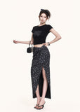 Black graphic crop tee and leopard slit skirt set