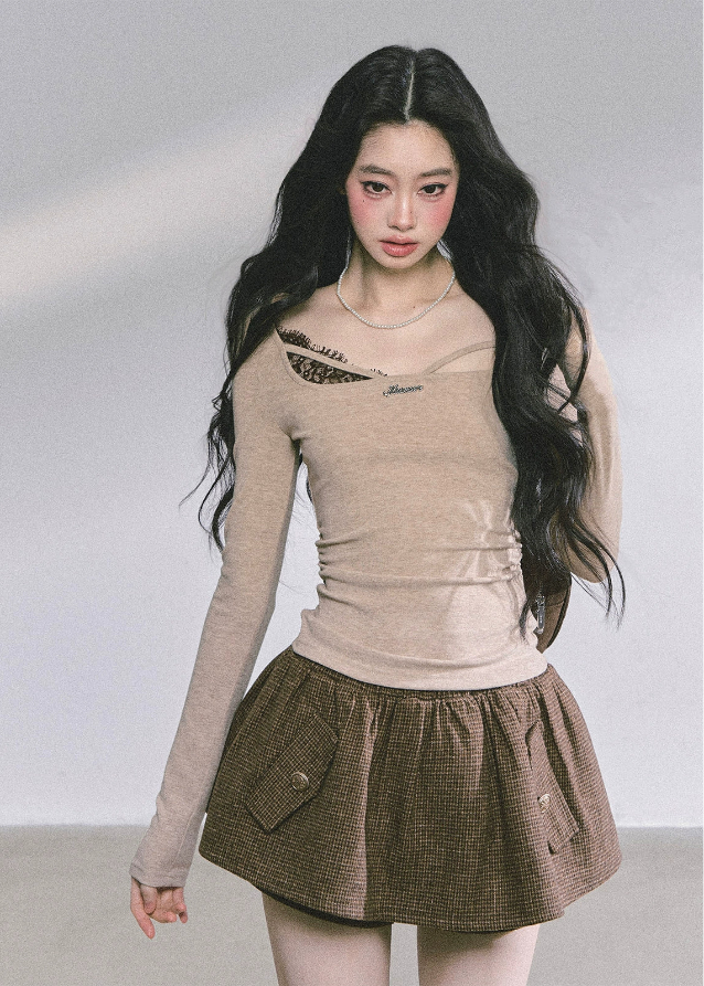 lace cutout top, asymmetric lace top, sexy lace longsleeve, Korean fashion top, Korean hot girl style, Korean streetwear top, lace detail knit shirt, cutout knit top, trendy black lace shirt, fall winter Korean tops, boutique lace top, French chic lace shirt, elegant cutout tee, women’s lace fashion top, Korean-American style top, off shoulder lace top, stylish long sleeve top, slim fit lace tee, aesthetic lace outfit
