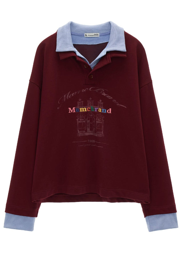 fake two piece polo sweatshirt women, button lapel layered top, american casual loose fit sweatshirt, 2025 street fashion women, korean sporty street top, preppy layered polo sweater, fake layer collar pullover, casual lapel sweatshirt outfit, nowa tokyo american street style
