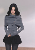layered knit top, shawl knit two piece, Korean fashion top, Korean girl style knit, fall knit top women, winter knit set, off shoulder shawl knit, elegant Korean sweater, slim fit knit top, two piece knit outfit, gray knit long sleeve, black knit long sleeve, trendy Korean sweater, Seoul street style knit, aesthetic knitwear women, Nowa Tokyo knit top, boutique knit style, Korean American fashion top
